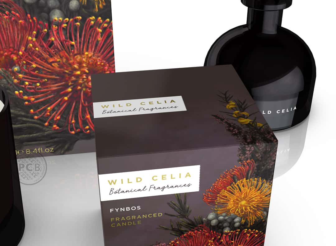 Close-up of logo and packaging identity home fragrance design for botanical fragranced candle and diffuser range designed by Paul Cartwright Branding.