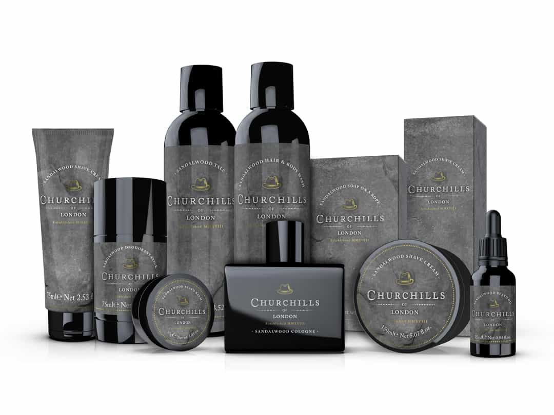3D visual line-up of range of traditional mens toiletries products designed by Paul Cartwright Branding for Churchills of London.