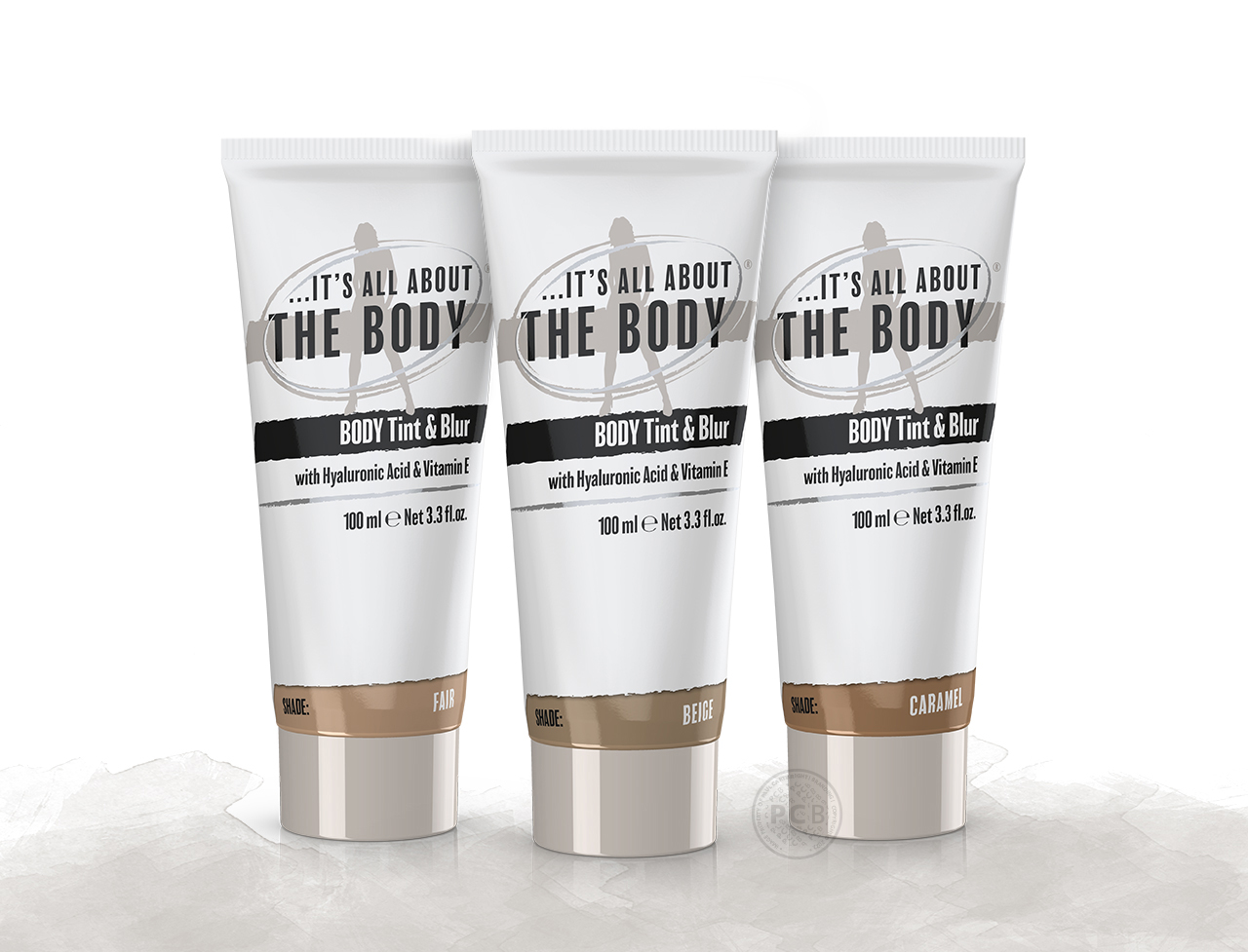 3D visual of three body tint and blur products in tubes, showing body make-up brand identity design by Paul Cartwright Branding.