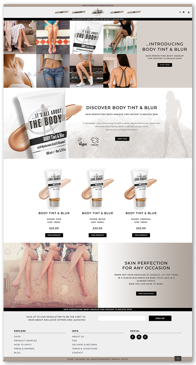 Body make-up brand website homepage mockup.