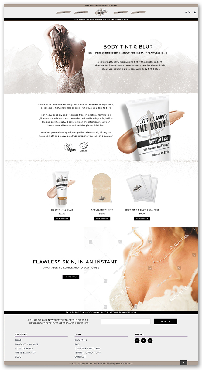 Website product page mockup for new body make-up brand.