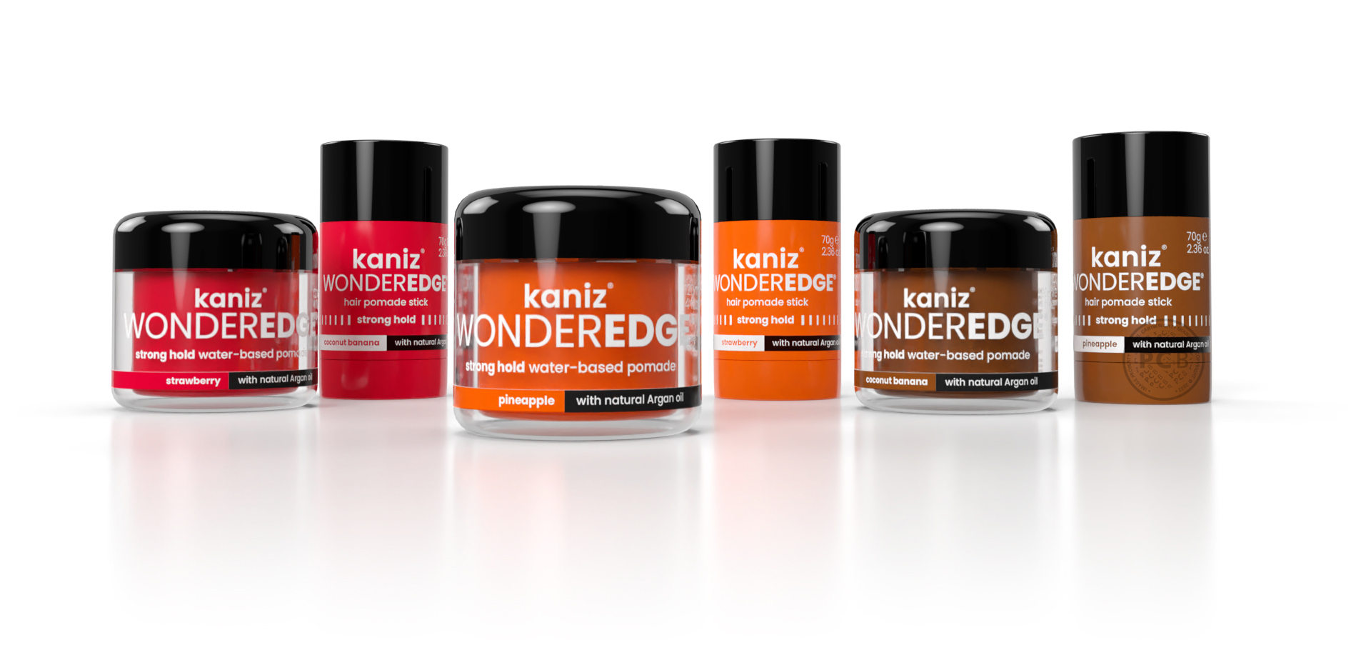 3D visual of six edge control products; 3x water-based pomades and 3x hair pomade sticks.