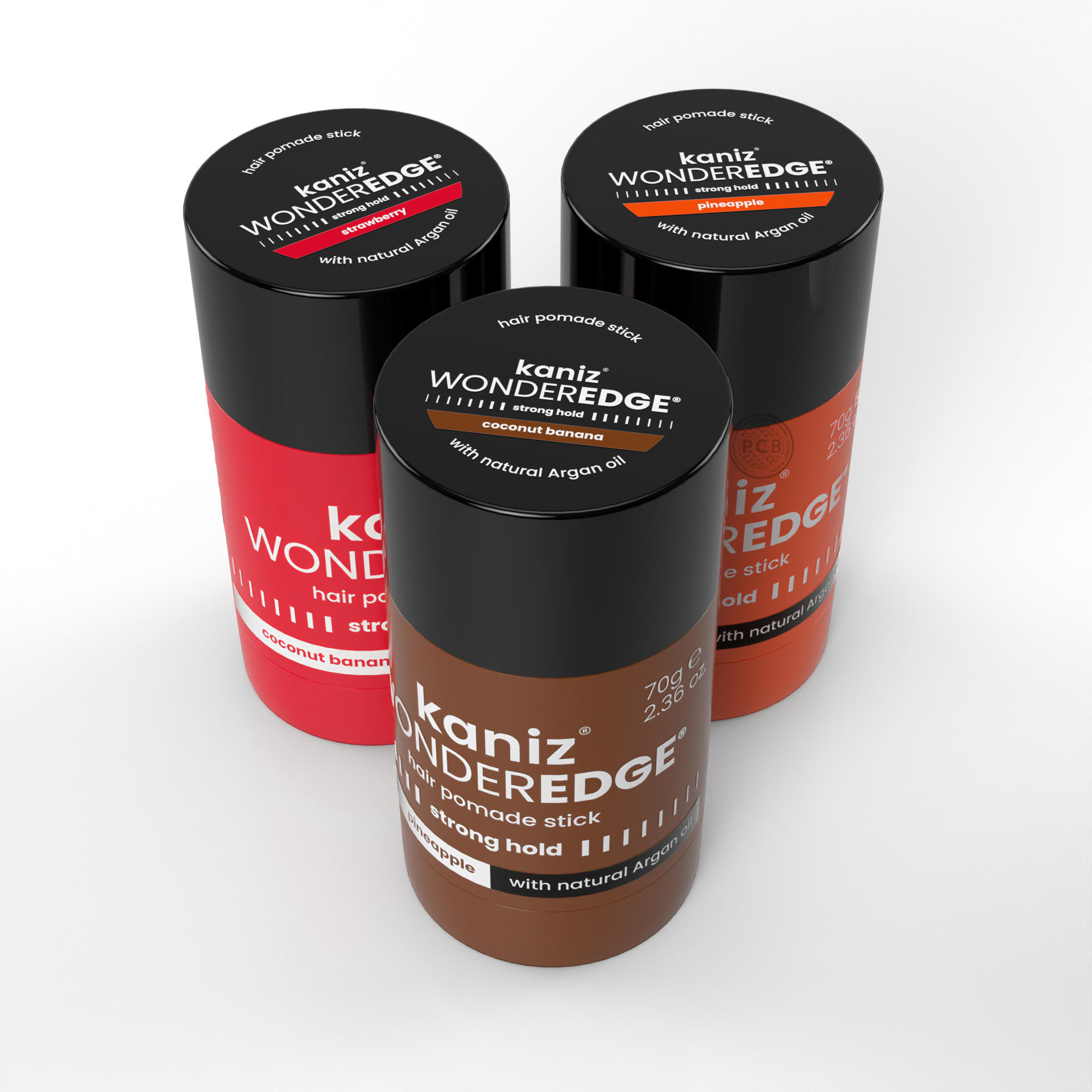 Visual of three hair pomade sticks showing graphics screen printed on the lids.
