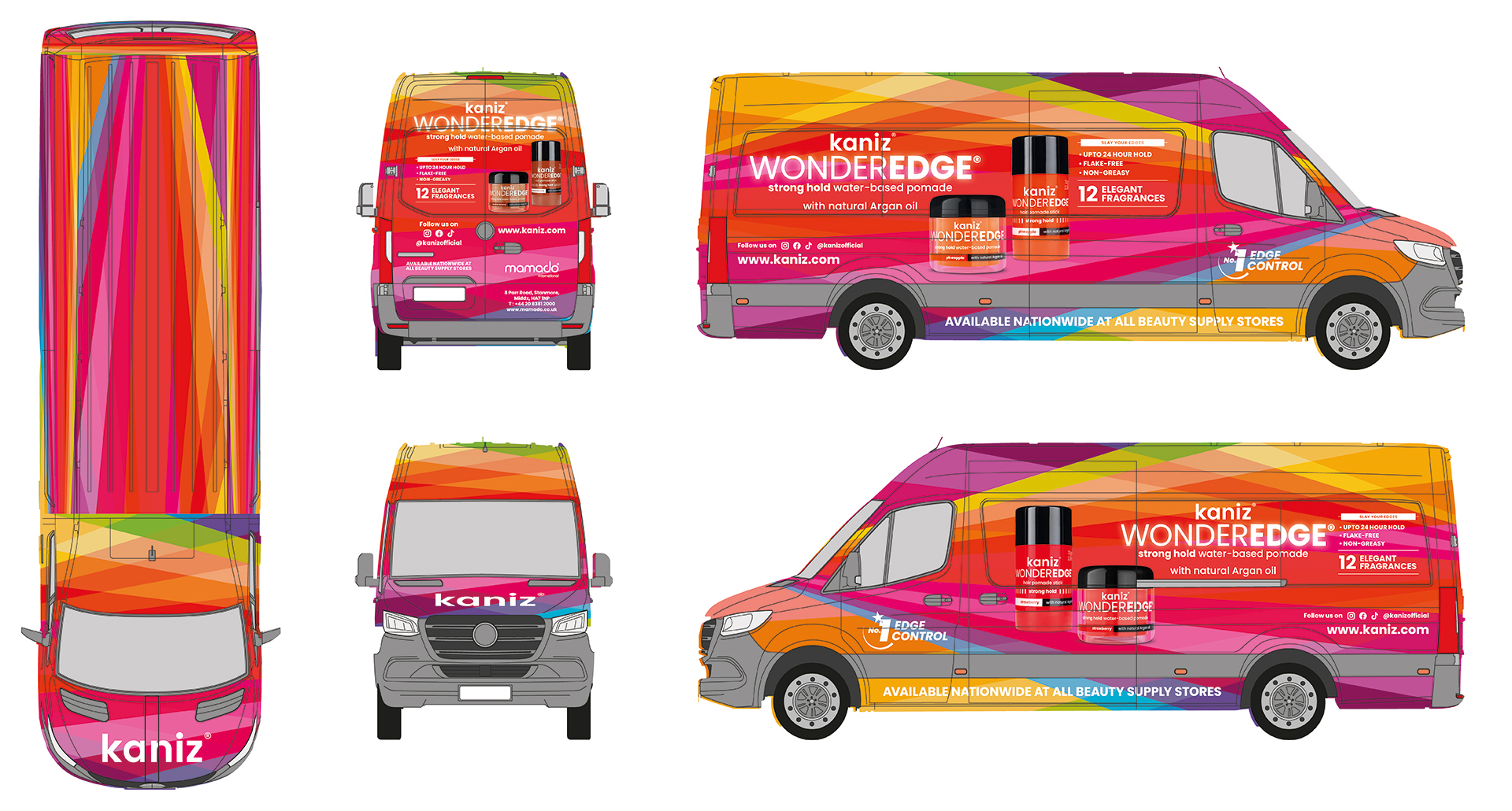 Illustration of a van wrapped with Kaniz WonderEdge edge control product graphics designed by Paul Cartwright Branding.
