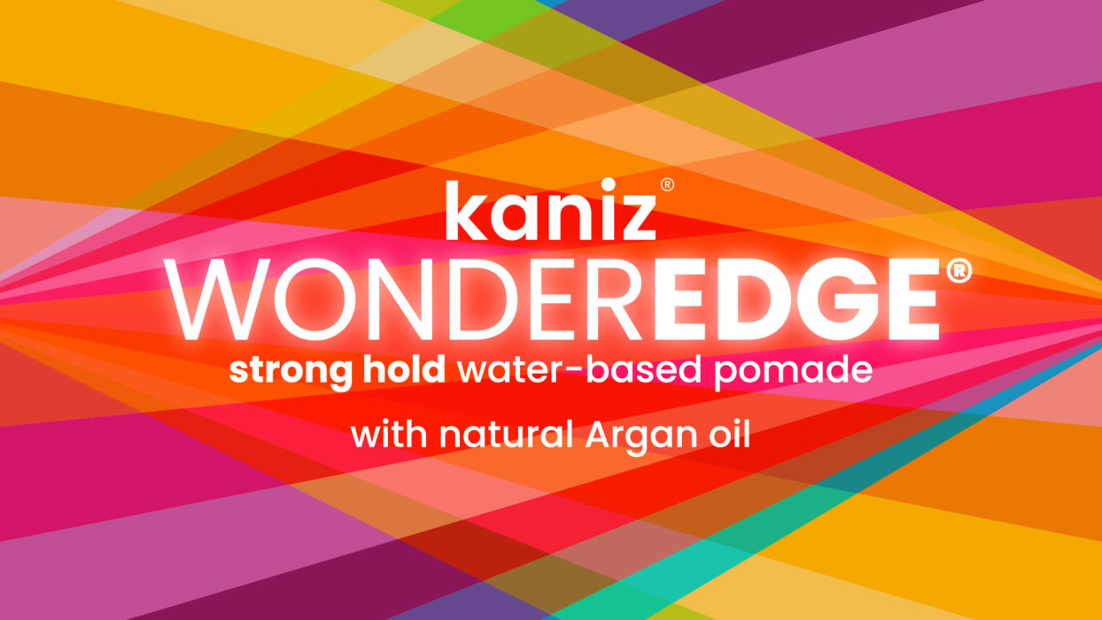WonderEdge logo designed by Paul Cartwright Branding for Kaniz new edge control products. Shown on mullt-coloured background.