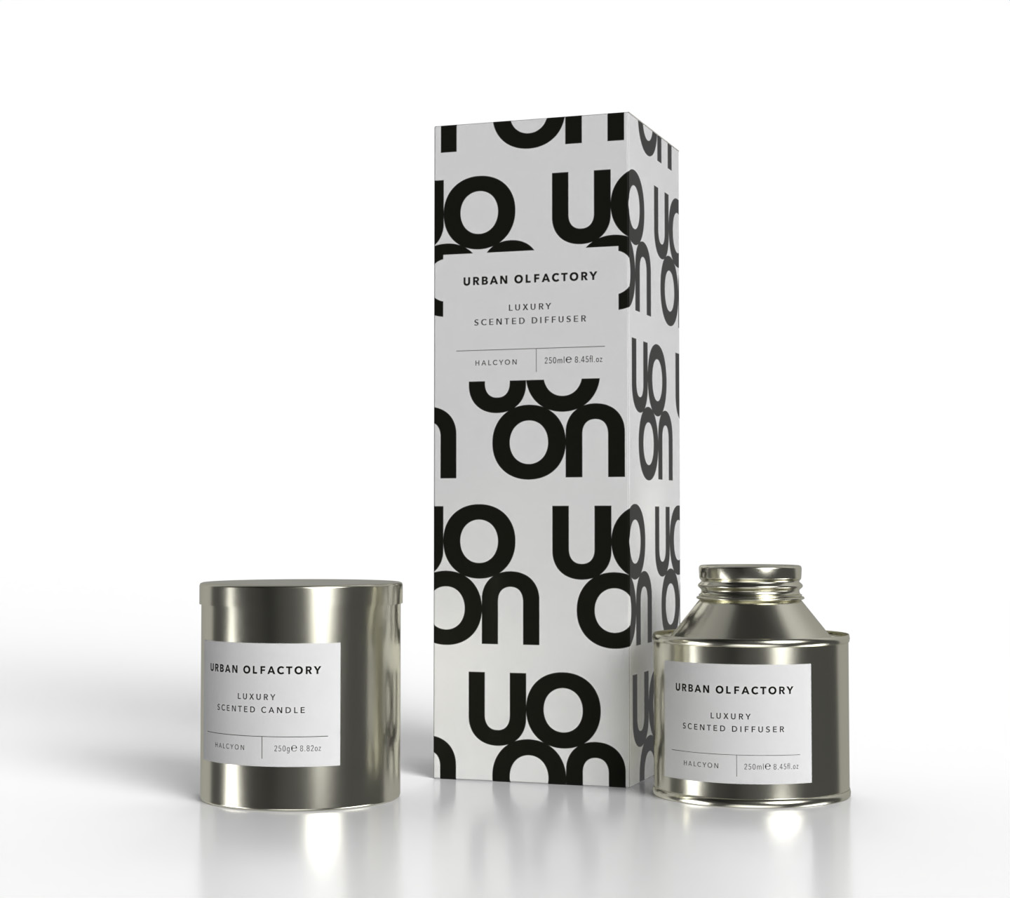 3D visual of candle tin and reed diffuser and related packaging.