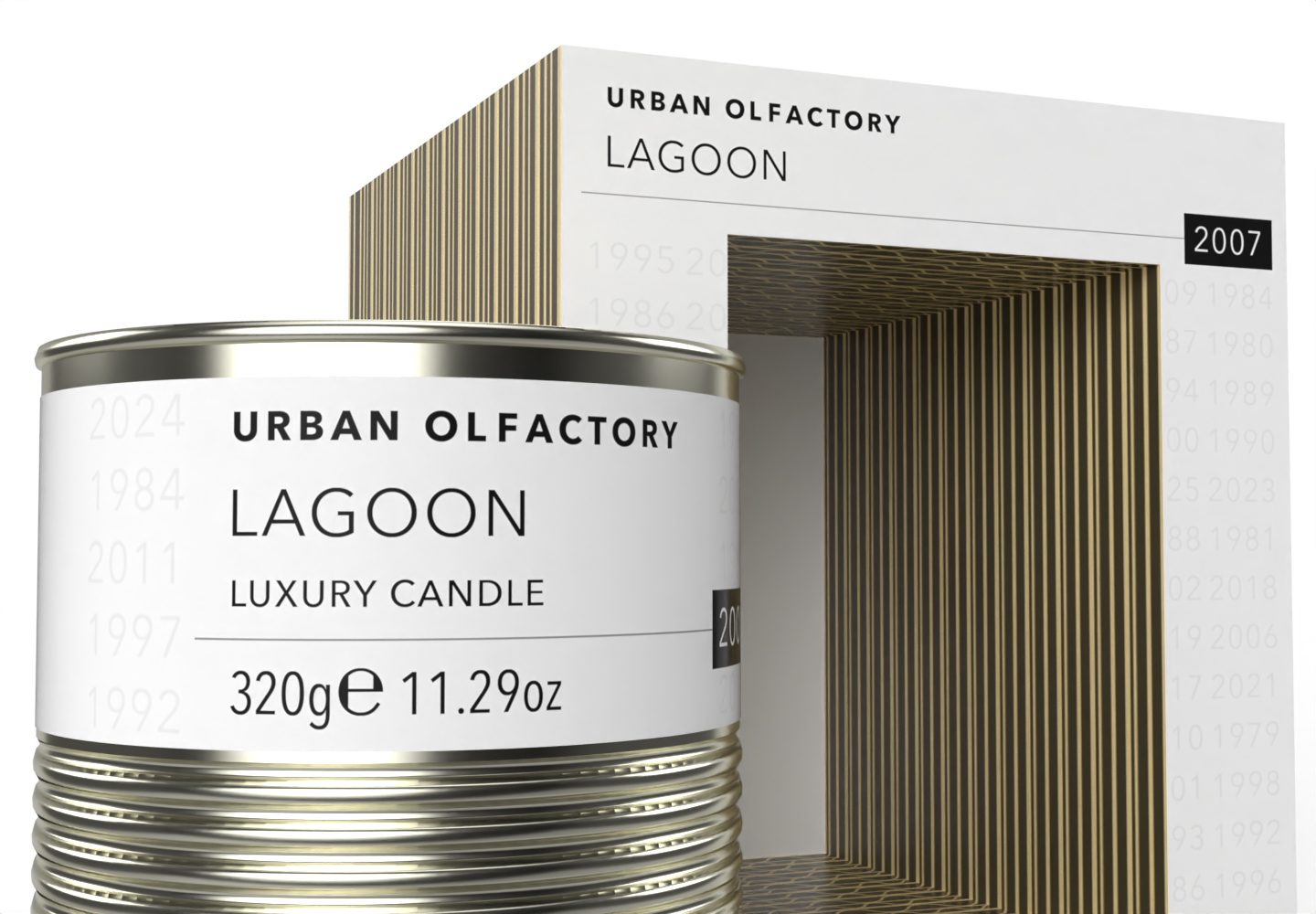 Modern candle packaging graphics design for Urban Olfactory designed by Paul Cartwright Branding.