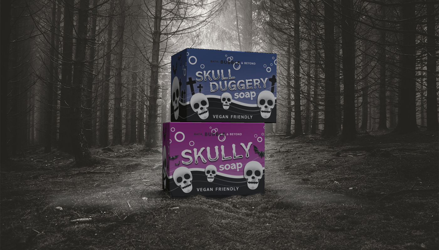 Concept design visual showing two soap product cartons one on top of the other in a spooky forest setting.