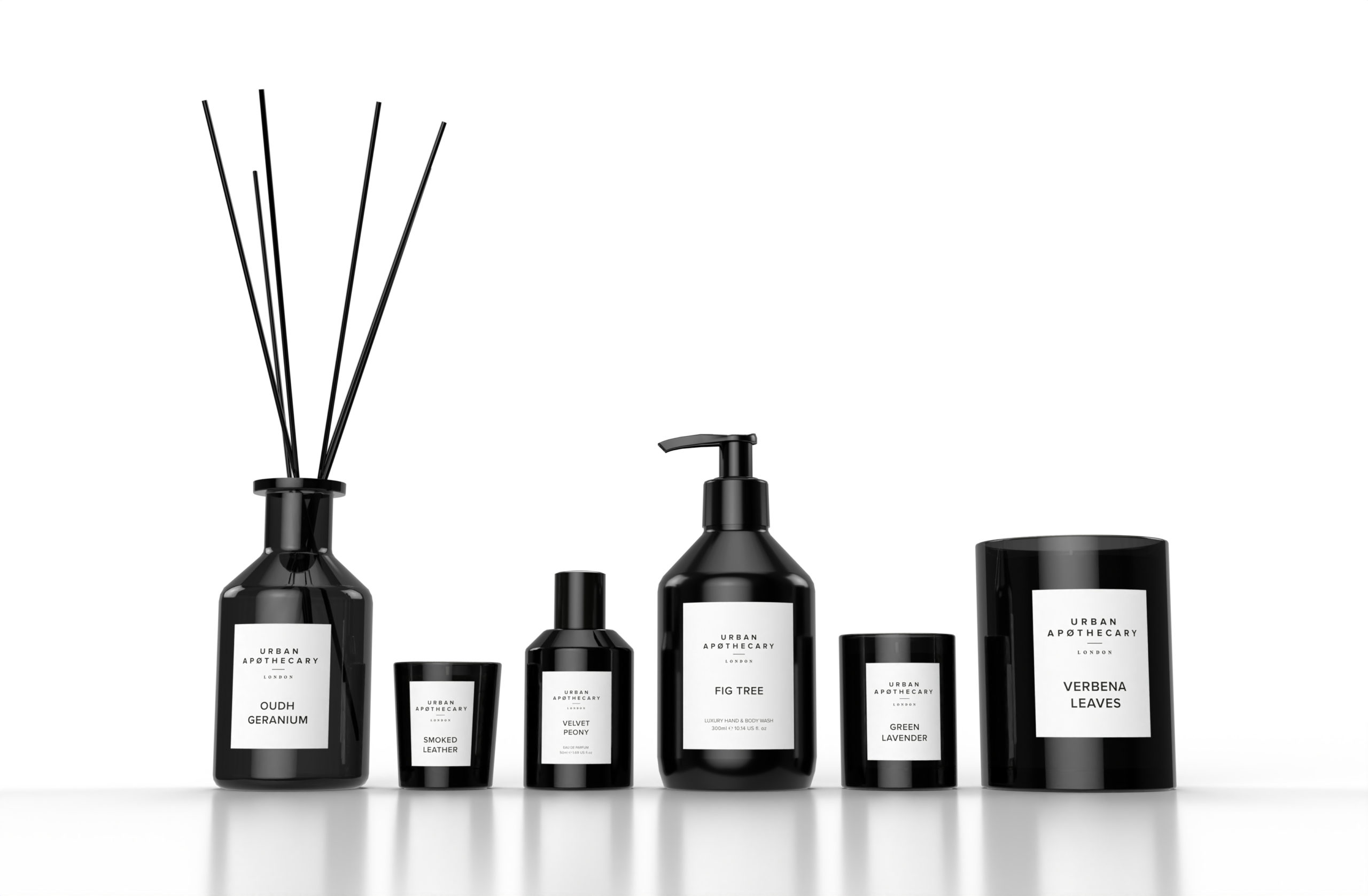 Line-up of home fragrance products featuring multiple examples of home fragrance artworks.