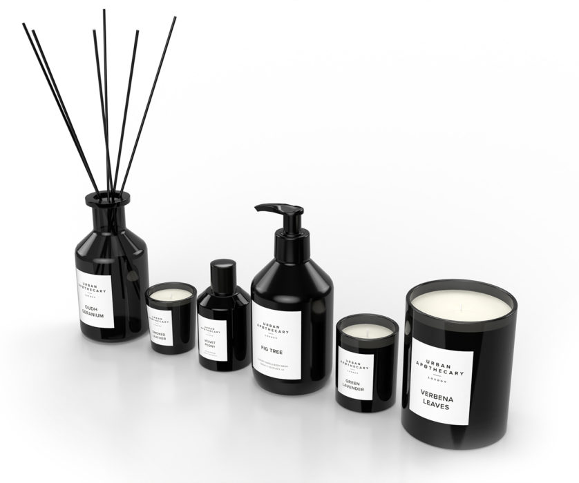 3D visual of reed diffuser, candles, eau de parfum and hand wash products featuring fragrance packaging artwork in the form of printed labels.
