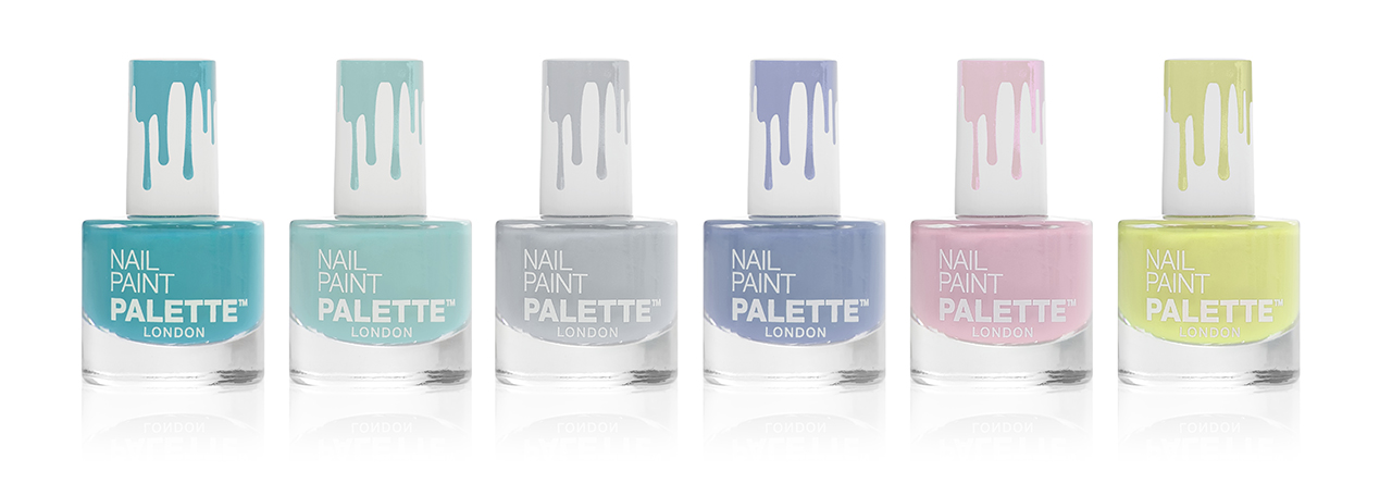 Palette London nail varnish product identity design for bottles with printed drips on caps - designed by Paul Cartwright Branding.