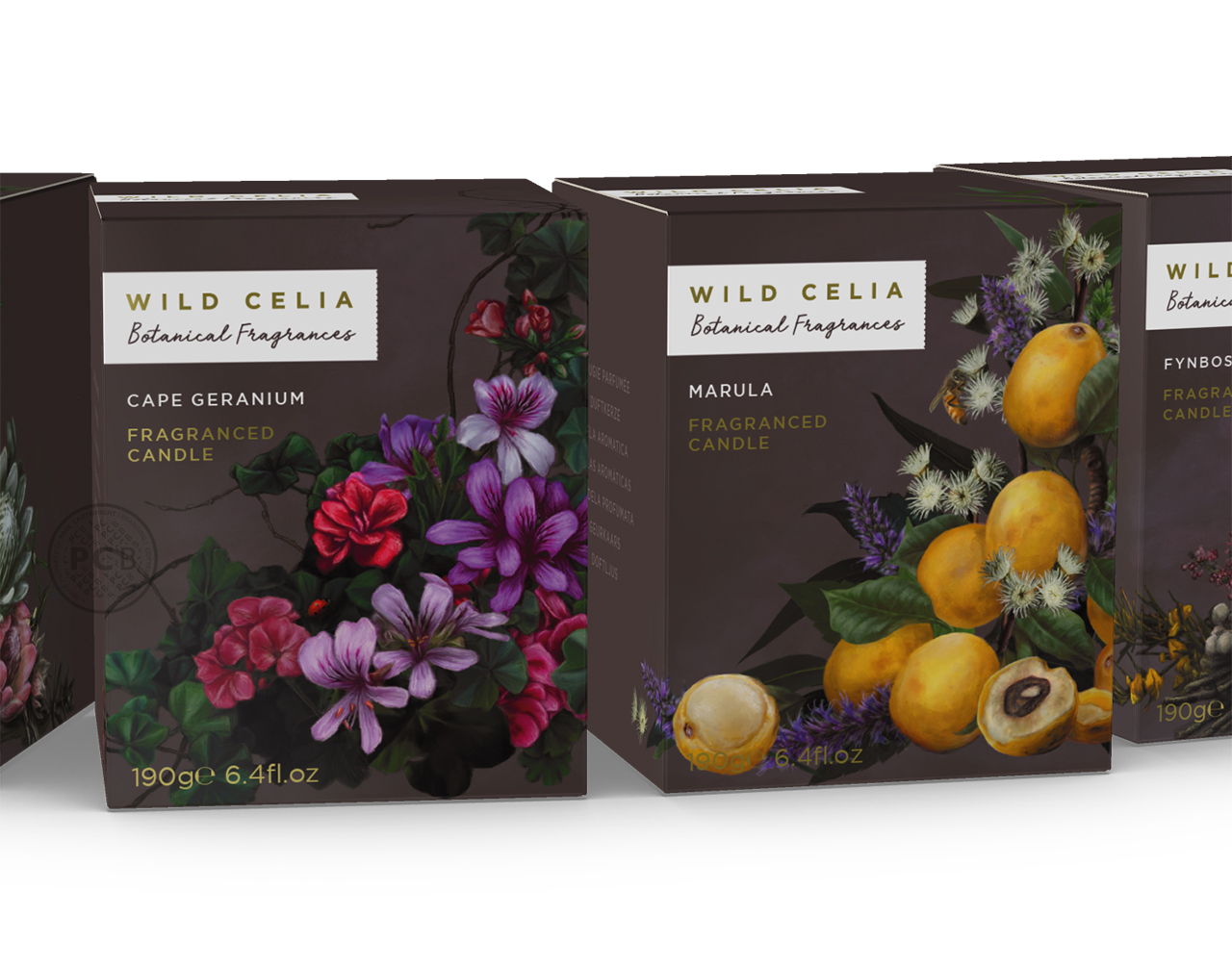Close-up of Wild Celia Botanical fragrances candle cartons.