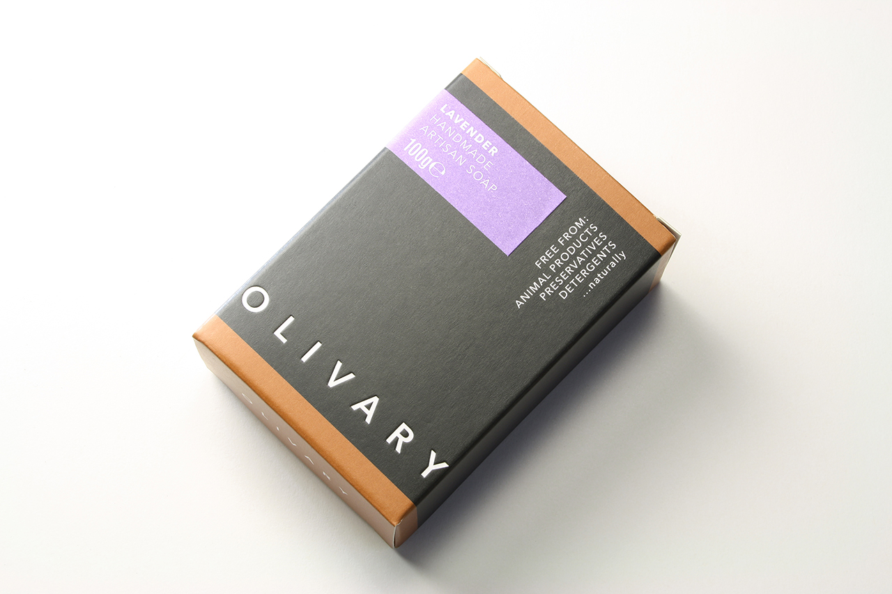 Single soap carton and label designed by Paul Cartwright Branding for Olivary Fine Soaps.