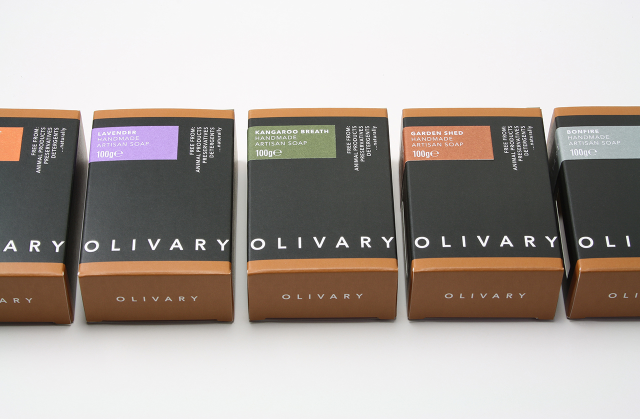 Soap packaging graphic identity for Olivary Fine Soaps designed by Paul Cartwright Branding.
