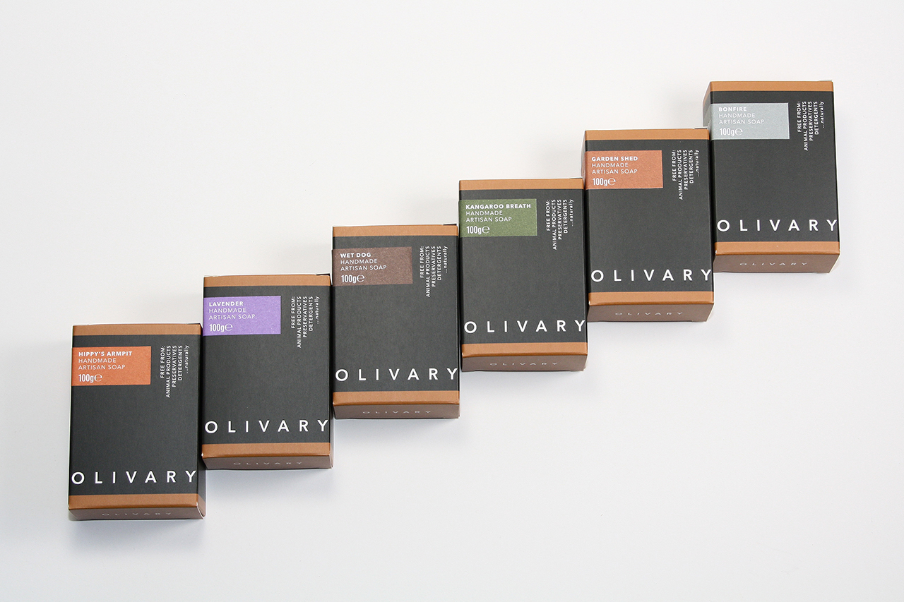 Soap packaging graphic identity for Olivary Fine Soaps designed by Paul Cartwright Branding.