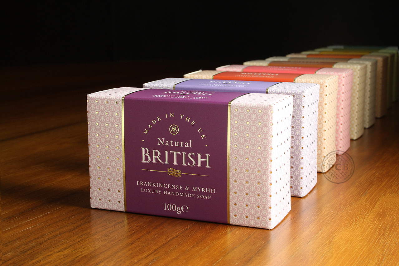 Close up of Natural British range of boxed soaps.