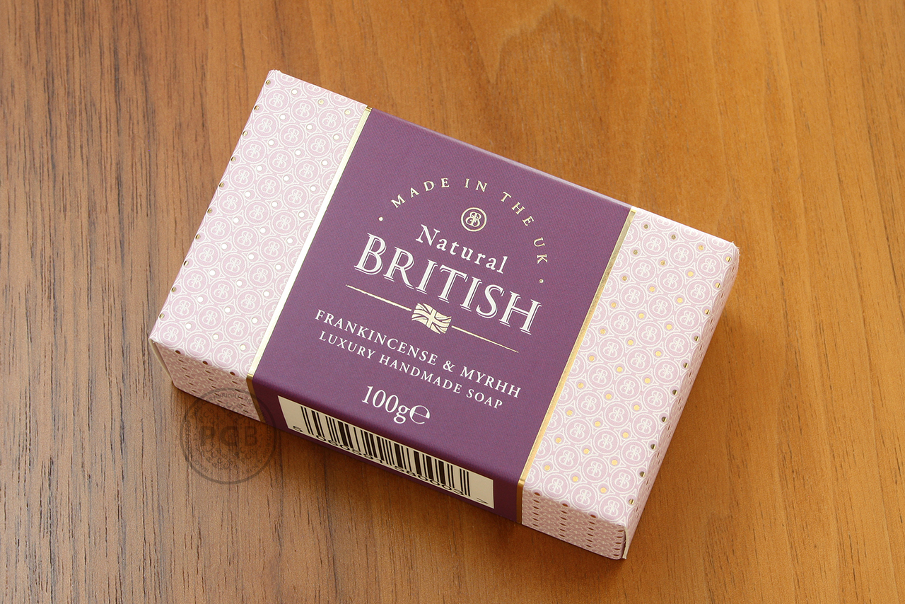 Individual soap carton showing logo and packaging graphics for UK soap brand.