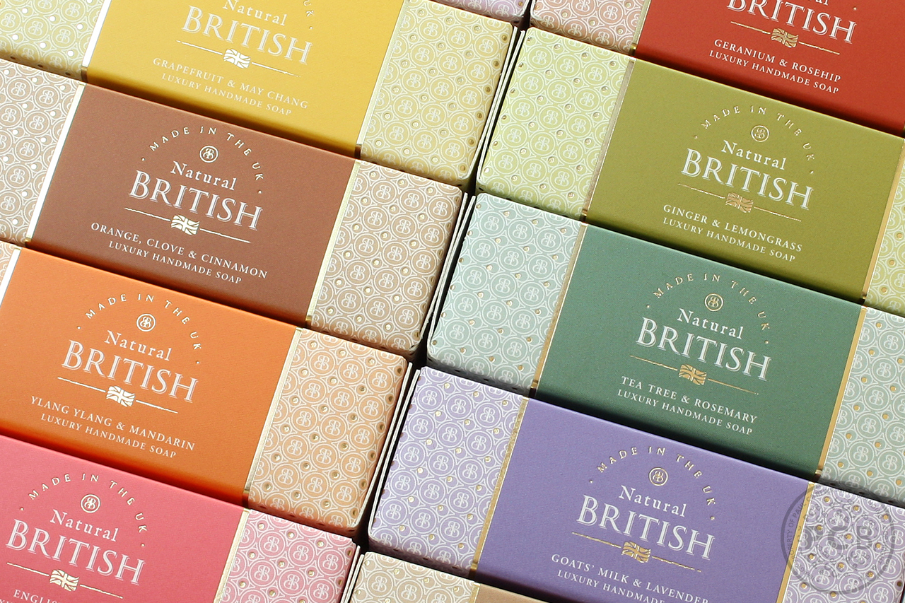 Side view of cartons showing fragranced-matched colour coding for soap identity graphics for Natural British.