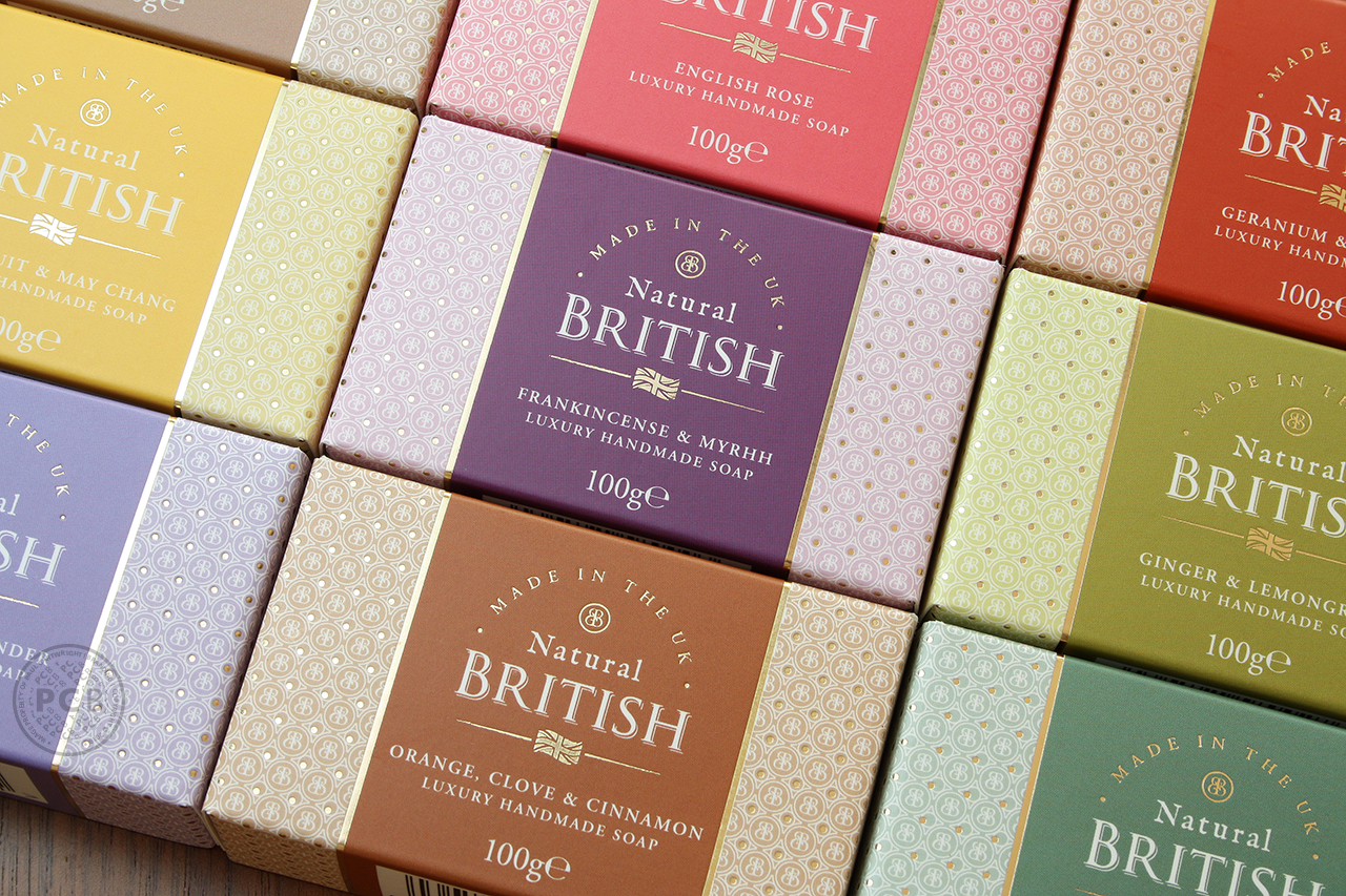 Colourful arrangement of soap cartons designed by Paul Cartwright Branding for Natural British Soaps.