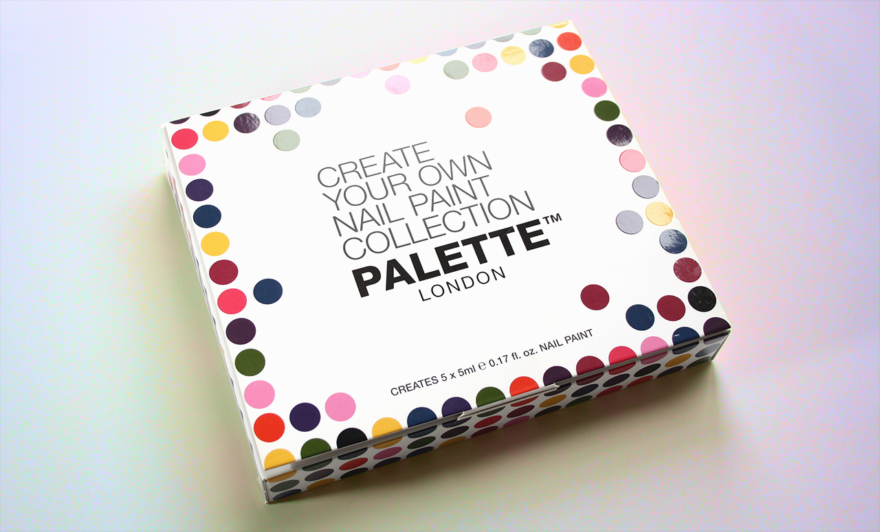 Outer carton of Palette London's nail varnish kit - designed by Paul Cartwright Branding.