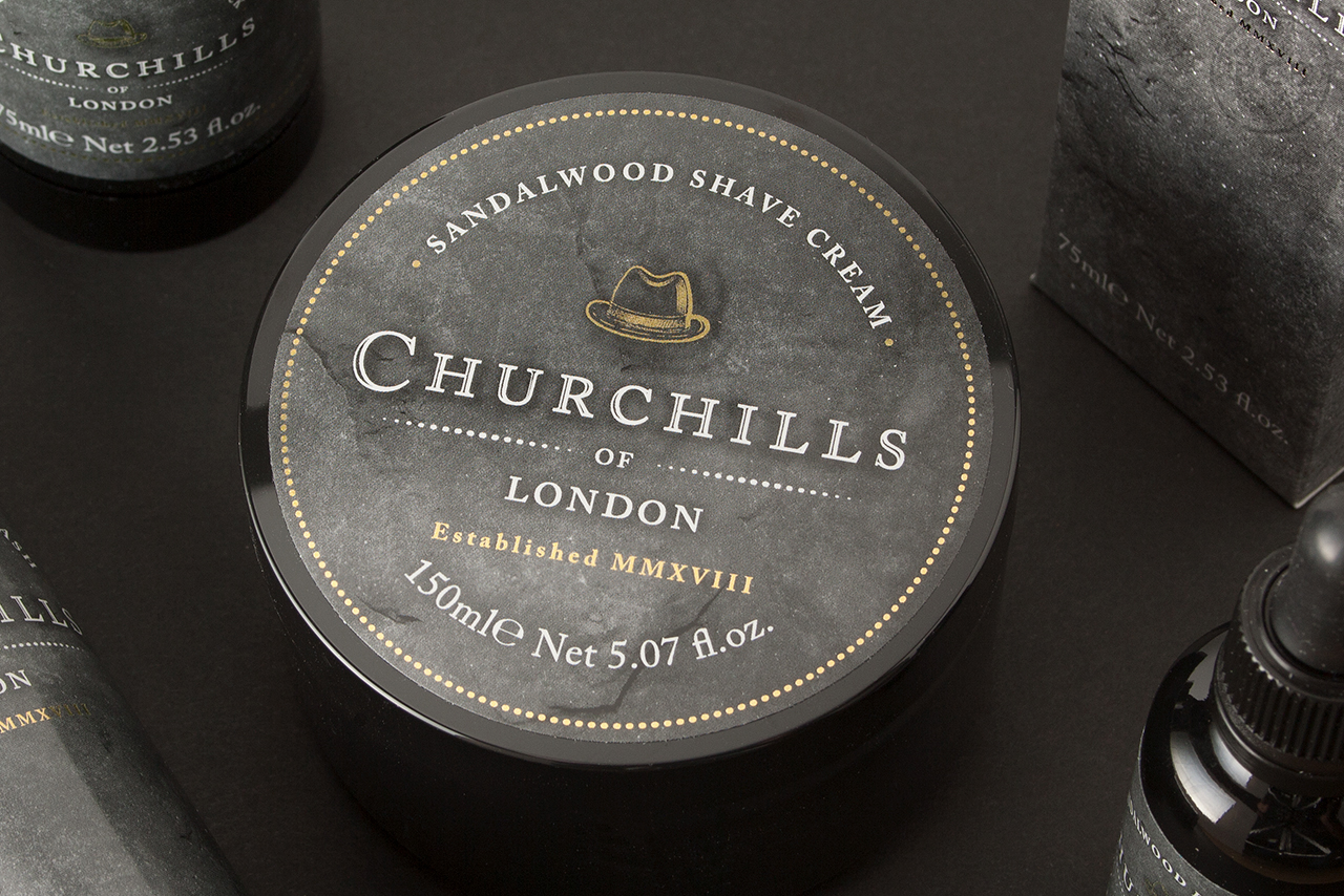 Men's shave cream product lid label for Churchills of London.
