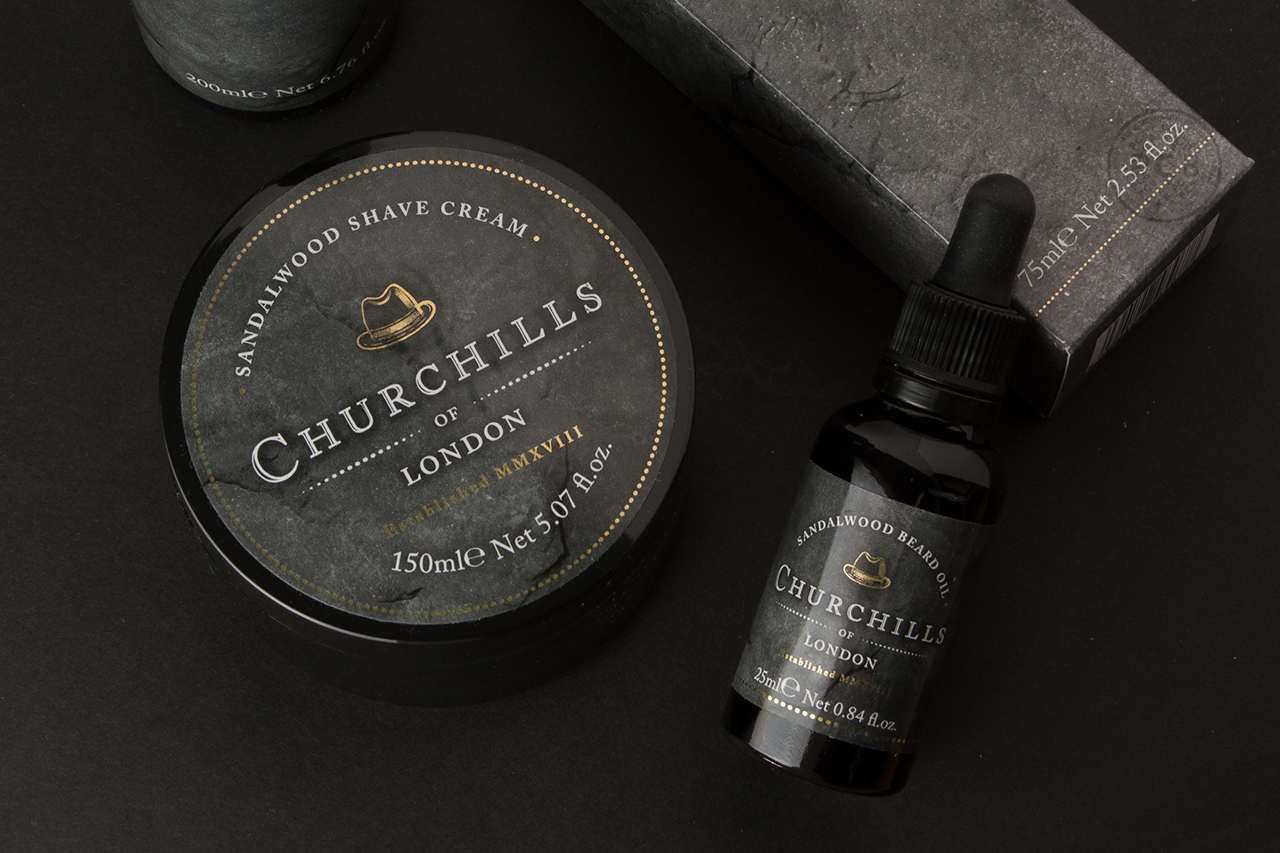 Close-up image of traditional men's toiletries products for Churchills of London.