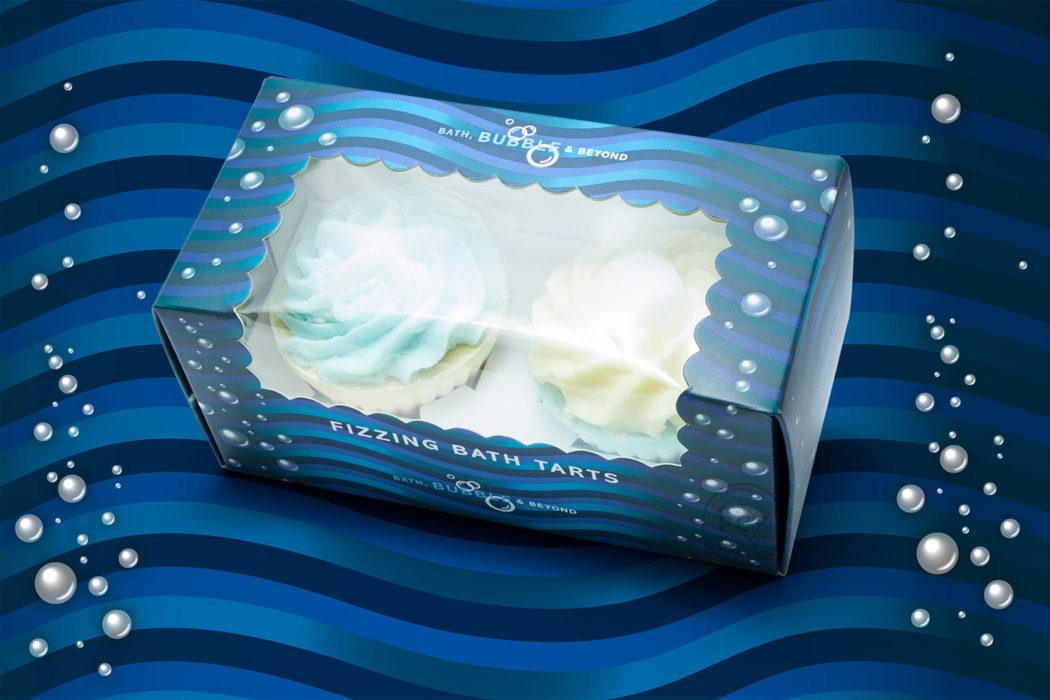 Marine or underwater-looking box containing two fizzing bath tarts – design and illustration by Paul Cartwright Branding.