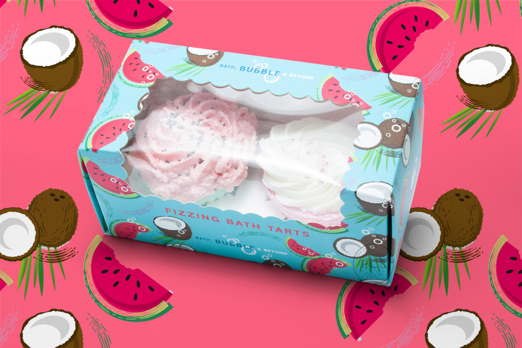Summer fruit themed fizzing bath tart products shown in blue box with illustrations of watermelons and coconuts.