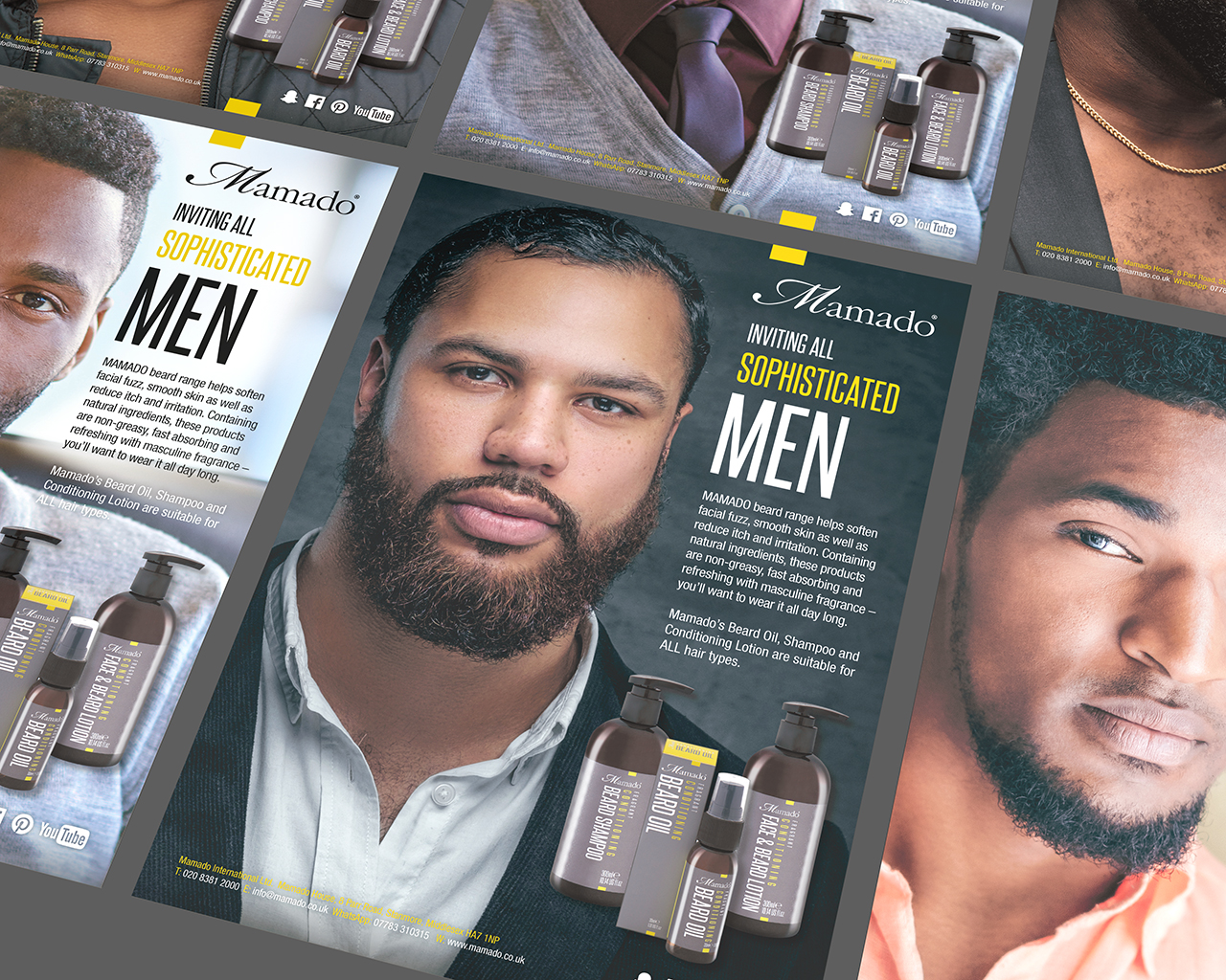 Mamado men's face and beard care range magazine adverts designed by Paul Cartwright Branding.