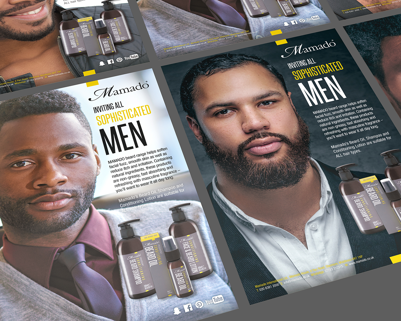Men's face and beard care range magazine adverts designed by Paul Cartwright Branding.