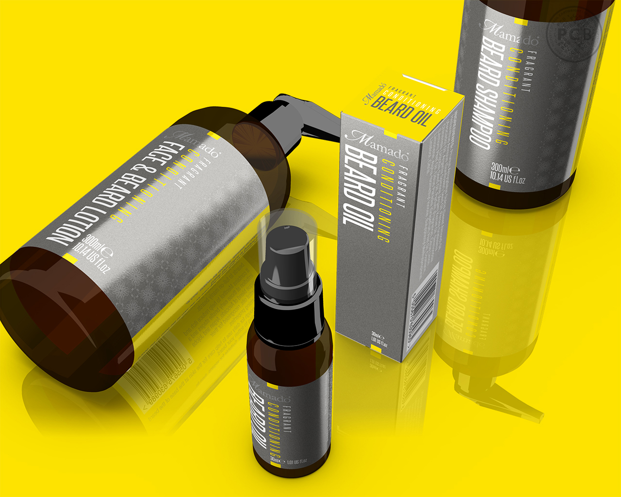 Men's face and beard care identity design identity for Mamado's new grooming product range.