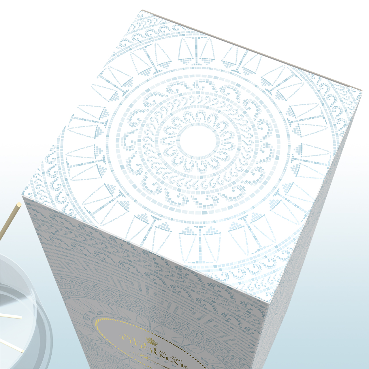 Close-up of carton lid Roman-style patterns designed by Paul Cartwright Branding for Sulisandthermae.com's luxury fragrance brand.