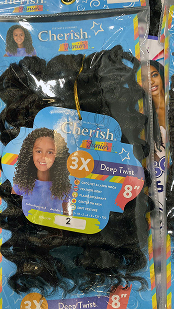 Image of pack of three deep twist children's hair braids with packaging designed by Paul Cartwright Branding.