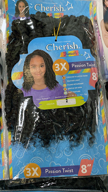 Image of pack of three passion twist children's hair braids with colourful packaging graphics.
