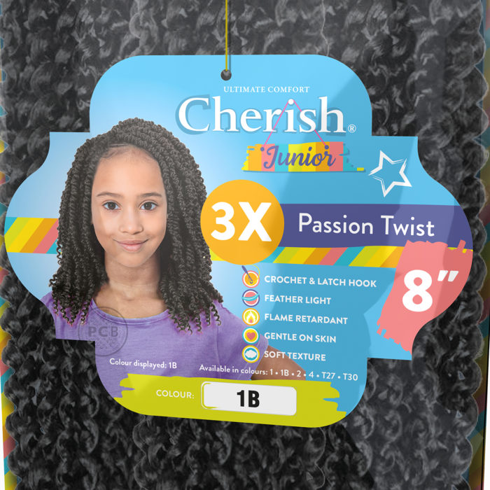 Close-up of swing ticket inside a pack of Cherish Junior children's hair braids. Designed by Paul Cartwright Branding.