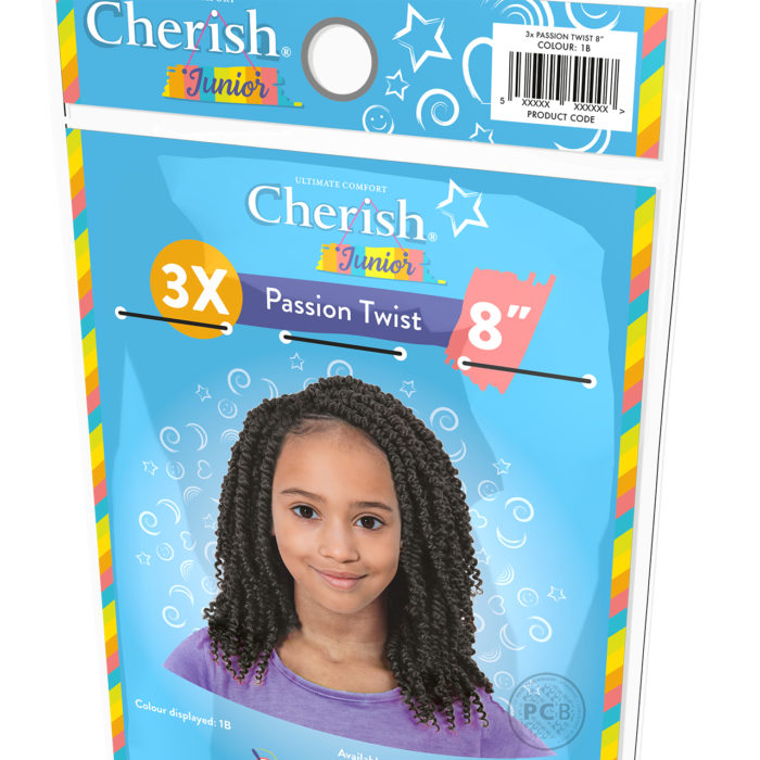 Back of a pack of Passion Twist children's hair braids with graphics designed by Paul Cartwright Branding.