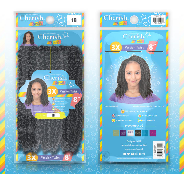 3D visual of a pack of children's hair braid for Cherish Junior – packaging identity designed by Paul Cartwright Branding.