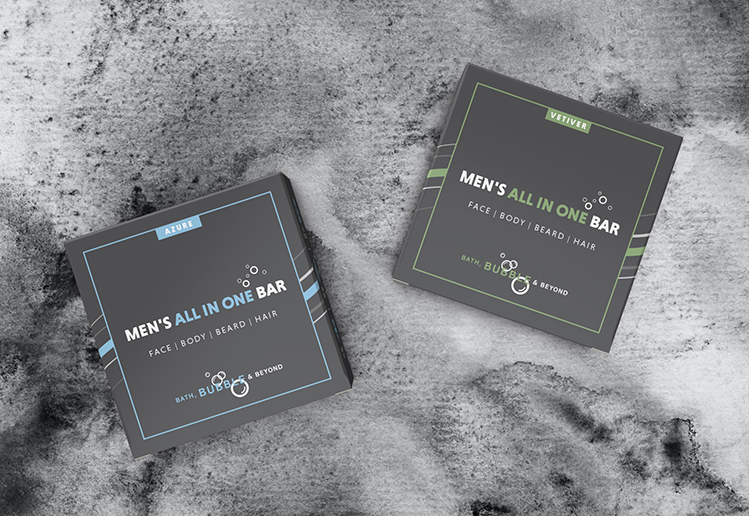 Two boxes of Men's All in One shampoo bar for Bath, Bubble & Beyond – graphics designed by Paul Cartwright Branding.