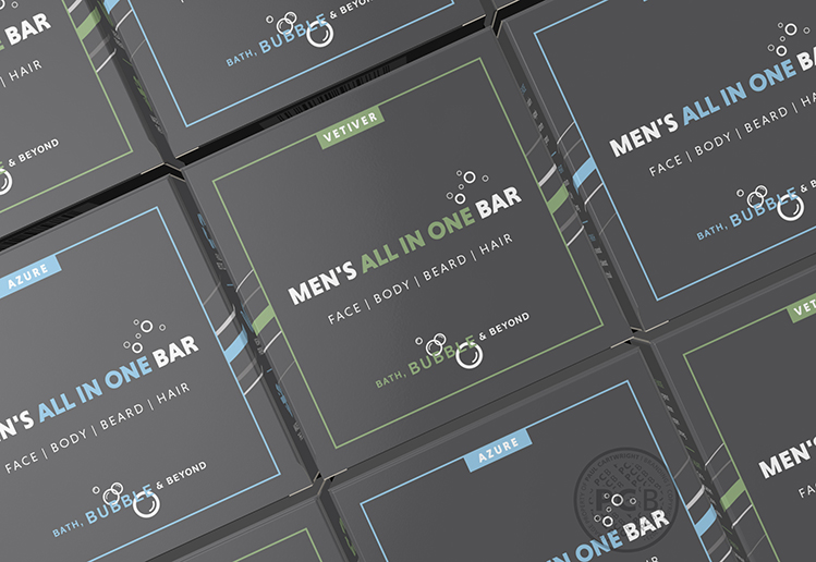 Visual of rows of angled boxes of Men's All in One shampoo bars as designed by Paul Cartwright Branding.