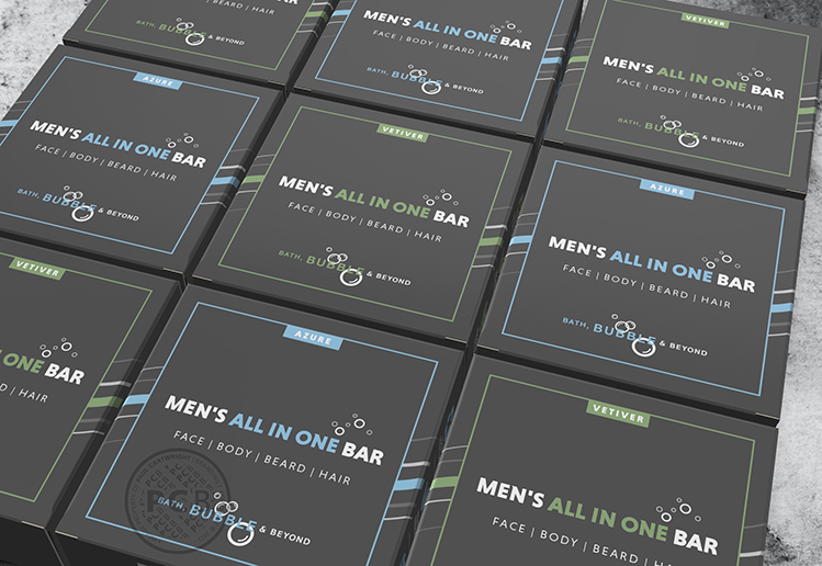 Visual of rows of angled boxes of Men's All in One shampoo bars as designed by Paul Cartwright Branding.
