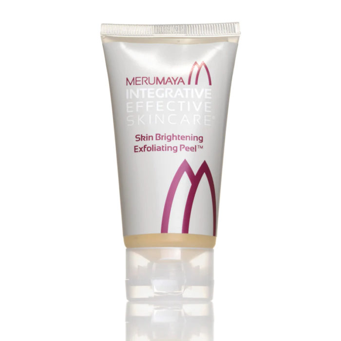 Studio image of Skin Brightening Exfoliating Peel product with logo and skincare product graphics for Merumaya – designed by Paul Cartwright Branding.