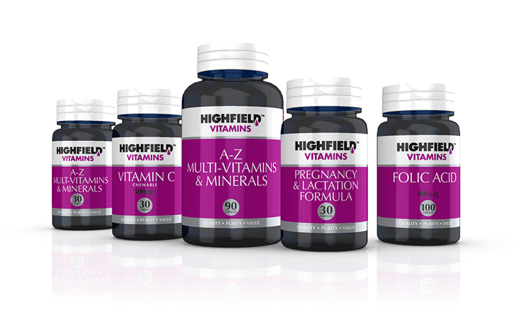 Highfield Vitamins new label graphics design by Paul Cartwright Branding.