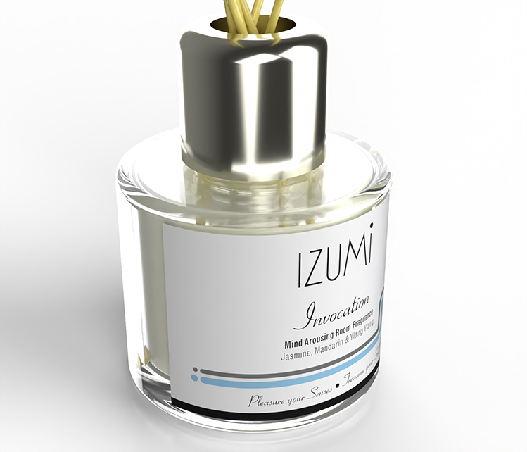 Close-up image of Izumi reed diffuser label designed by Paul Cartwright Branding