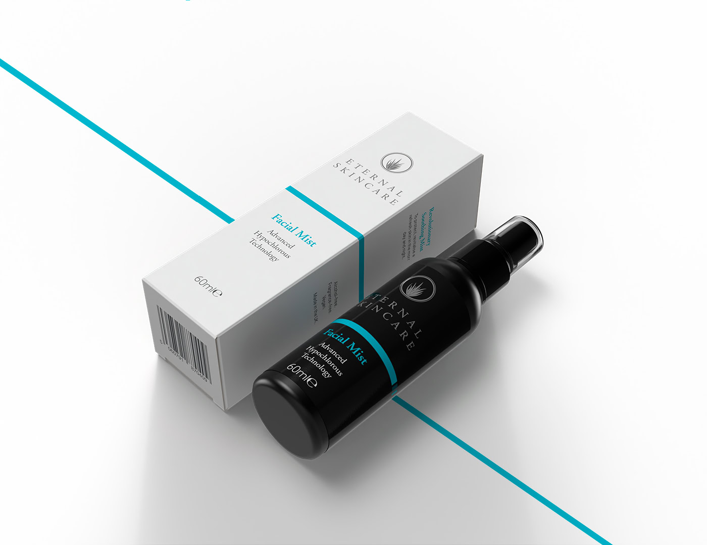 Image of Eternal Skincare's new Facial Mist product, featuring printed carton and black bottle with printed label. Designed by Paul Cartwright Branding.