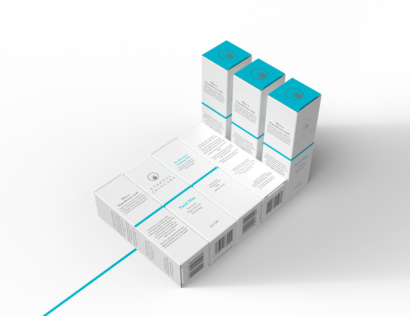 Image of seven cartons of Eternal Skincare's new Facial Mist product – lined up to show each side. Designed by Paul Cartwright Branding.